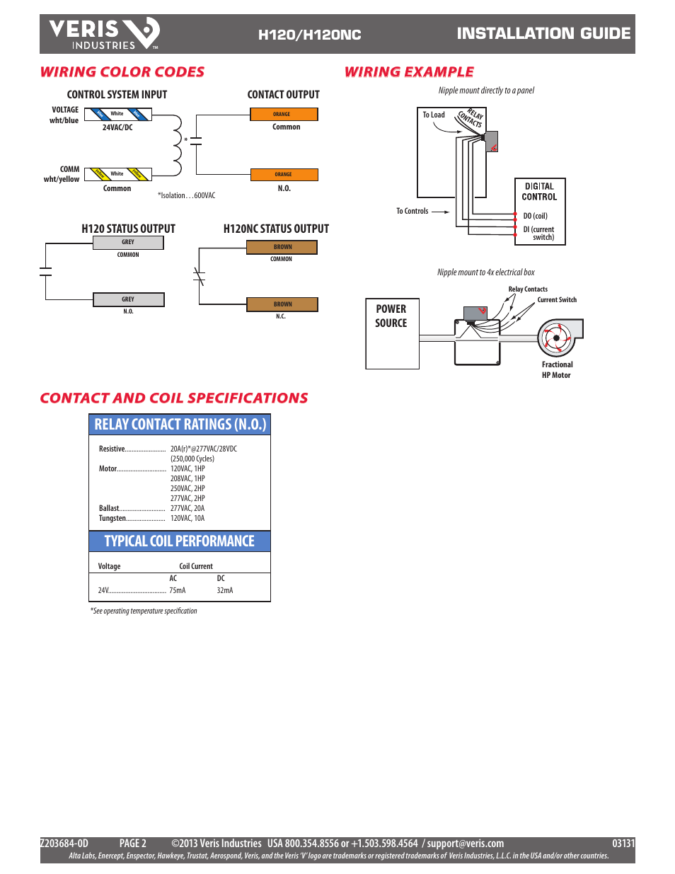 Typical coil performance, Relay contact ratings (n.o.), Installation guide | Wiring example wiring color codes, Contact and coil specifications, H120 status output, H120nc status output, Power source, Contact output control system input | Veris Industries H120NC Install User Manual | Page 2 / 2