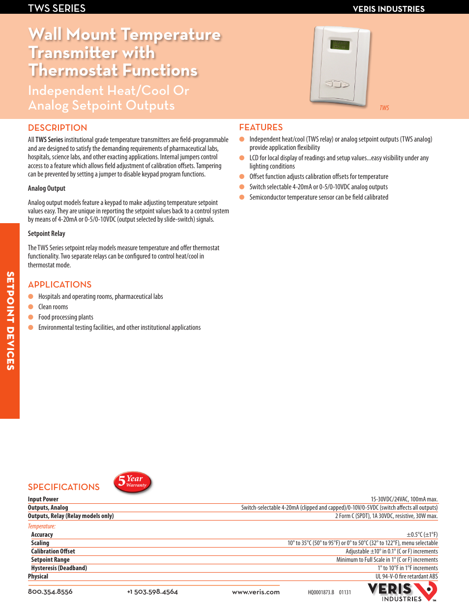 Veris Industries TWS SerieS Datasheet User Manual | 2 pages