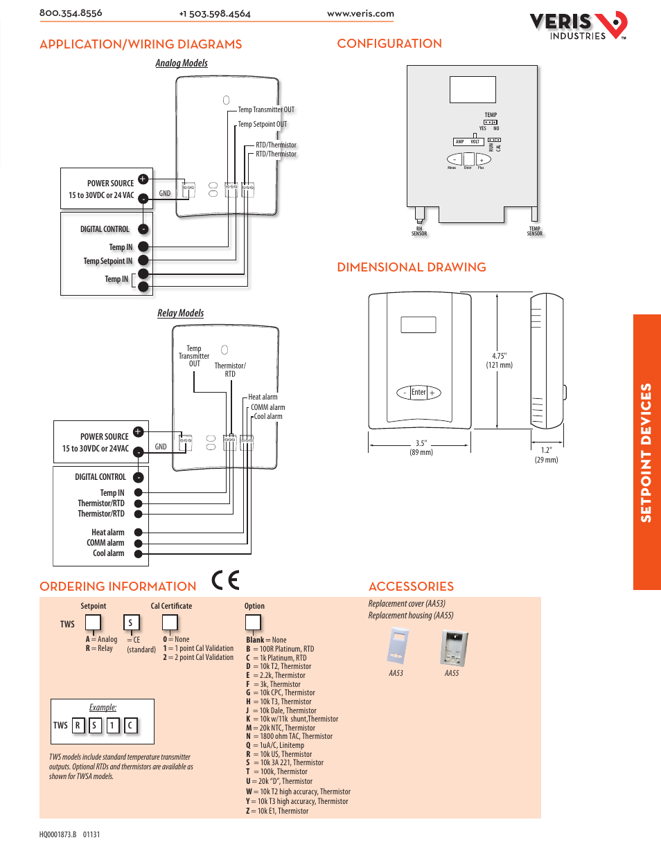 Setp oint de vices, Ordering information accessories | Veris Industries TWS SerieS Datasheet User Manual | Page 2 / 2