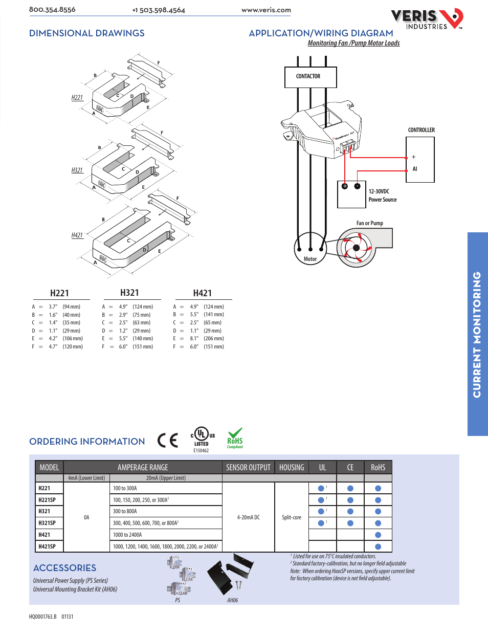 Current monit oring, Accessories, Dimensional drawings | Application/wiring diagram, Ordering information | Veris Industries Hx21SP SERIES Datasheet User Manual | Page 2 / 2