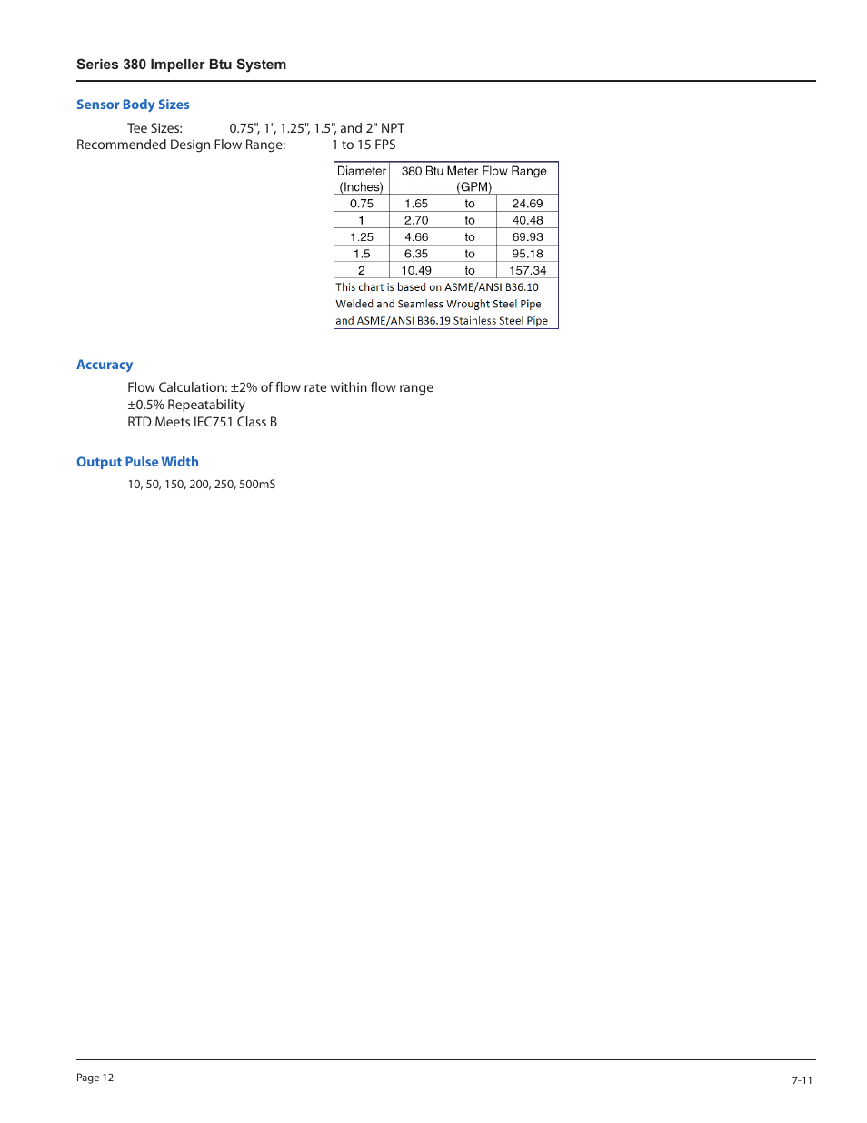 Sensor body sizes, Accuracy, Output pulse width | Veris Industries 380 SERIES Install User Manual | Page 12 / 14