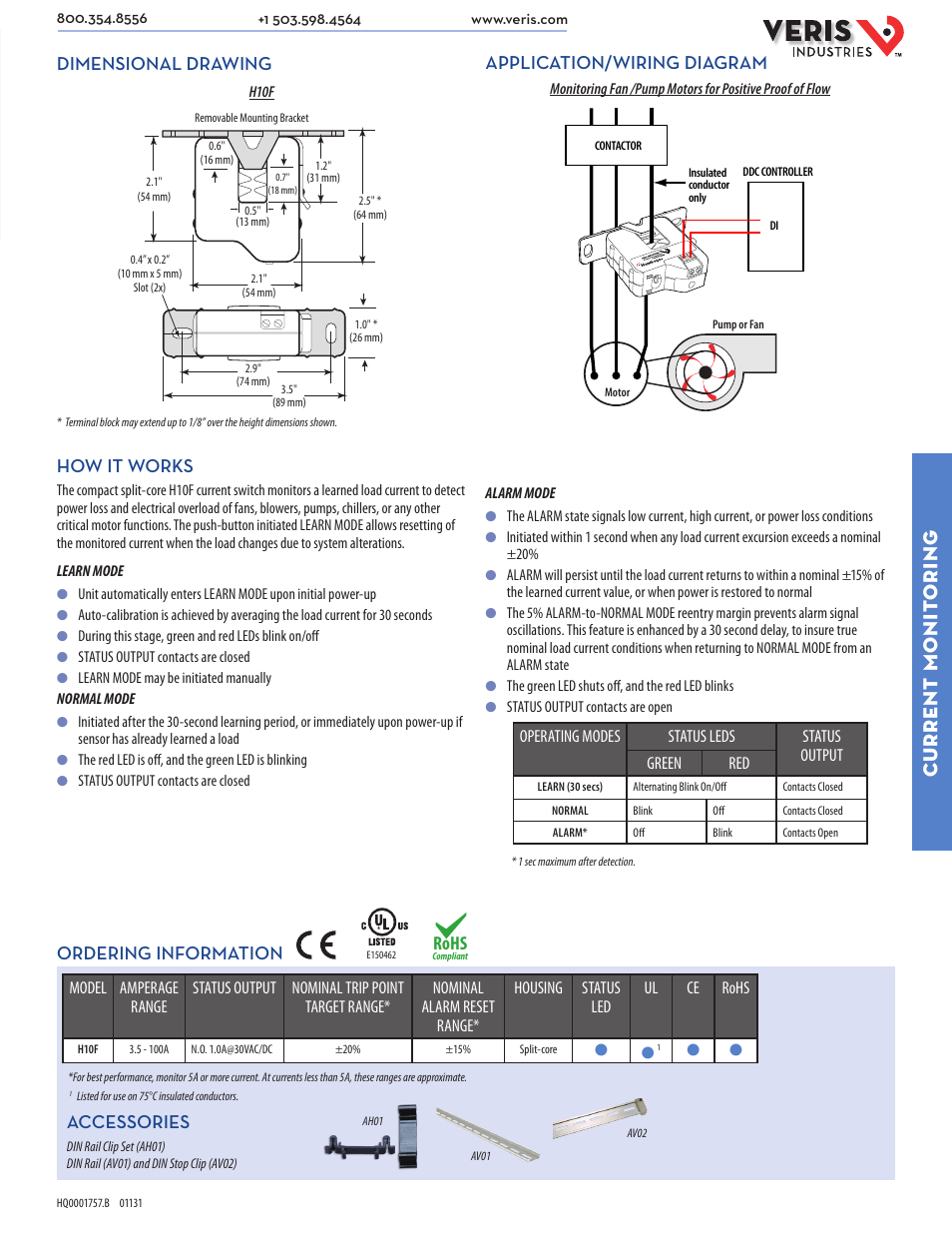Current monit oring, How it works, Dimensional drawing | Rohs, Application/wiring diagram, Ordering information, Accessories | Veris Industries H10F Datasheet User Manual | Page 2 / 2