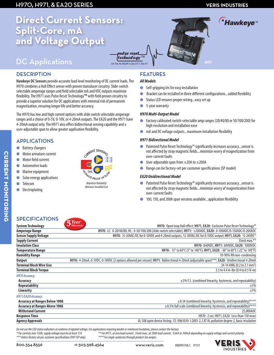 Veris Industries EA20 SERIES Datasheet User Manual | 2 pages