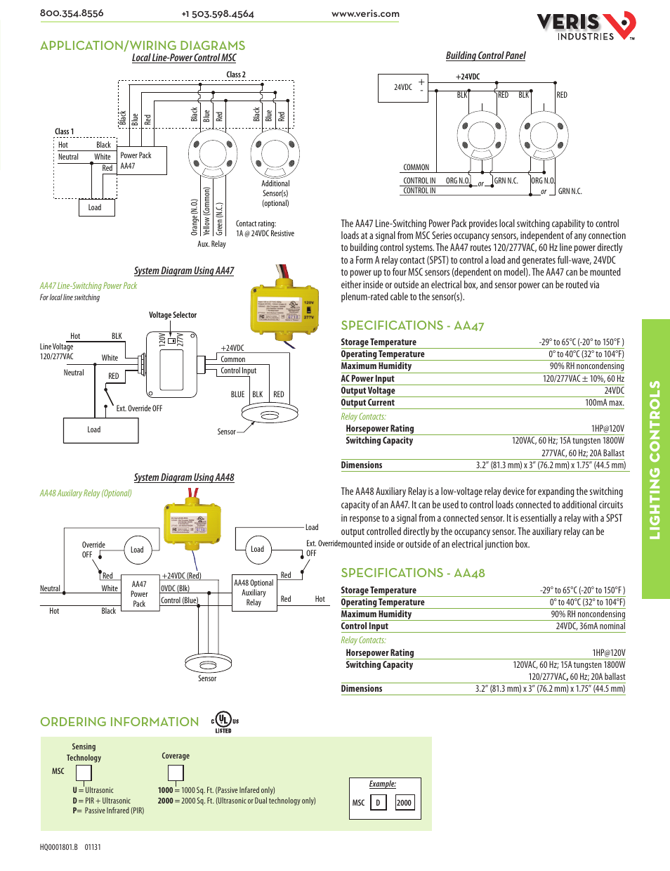 Lighting c ontr ols, Application/wiring diagrams, Specifications - aa47 | Specifications - aa48, Ordering information | Veris Industries MSC SERIES Datasheet User Manual | Page 2 / 2