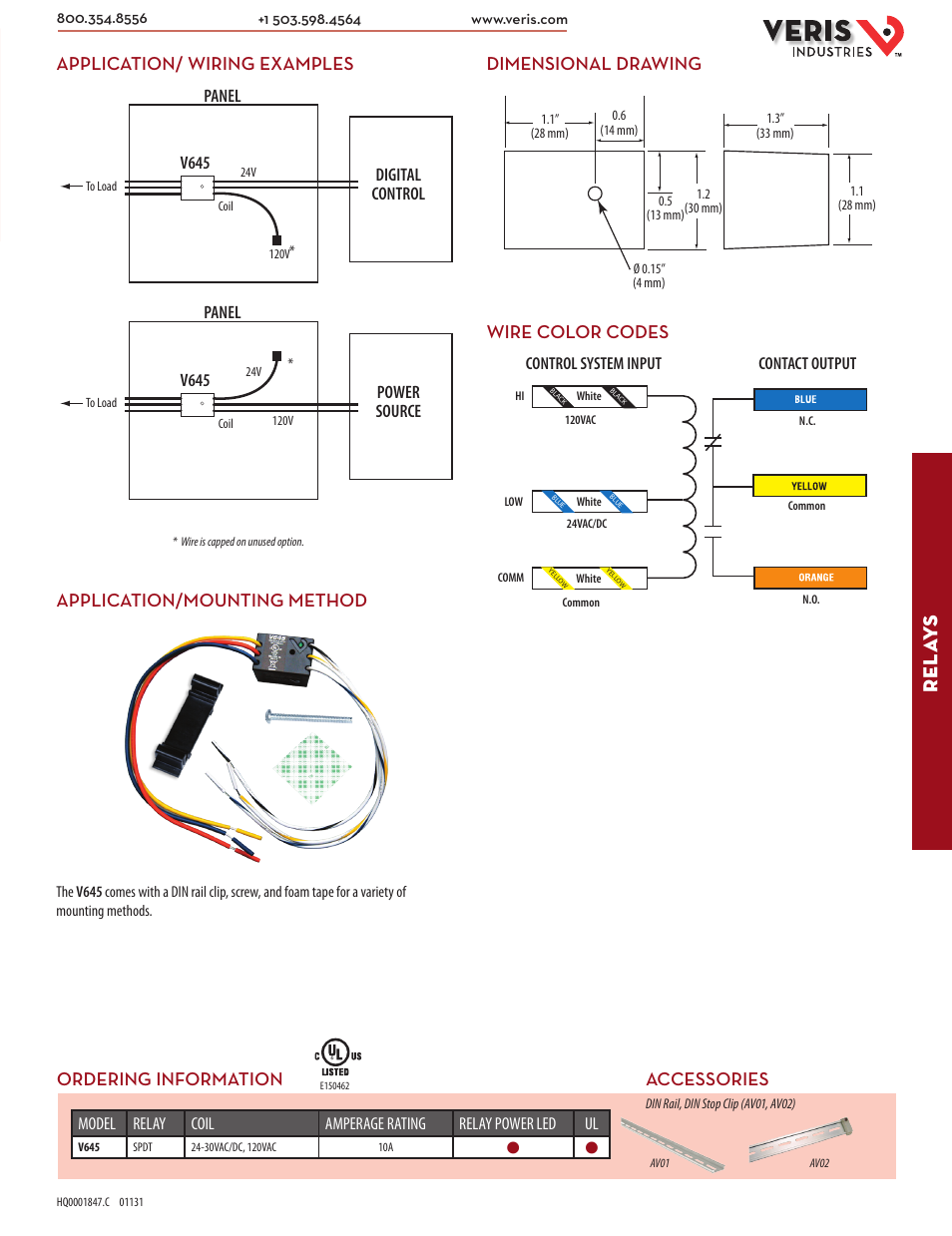 Rel ay s, Dimensional drawing application/ wiring examples, Wire color codes application/mounting method v645 | Digital control panel, V645, Power source panel, Accessories, Ordering information, Contact output control system input | Veris Industries V645 Datasheet User Manual | Page 2 / 2