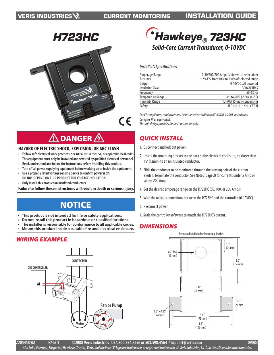 Veris Industries H723HC Install User Manual | 2 pages