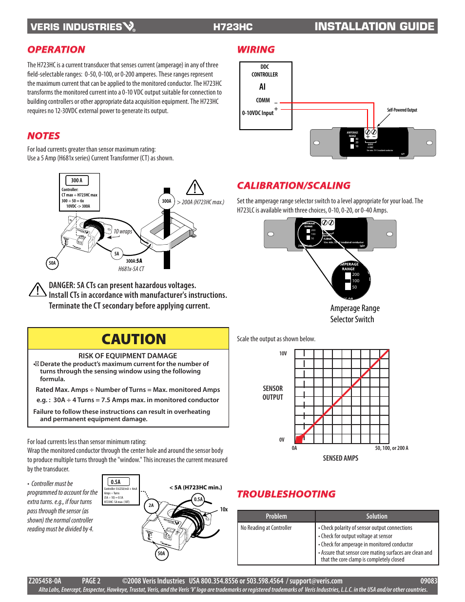 Caution, Installation guide, Operation | Calibration/scaling, Wiring, Amperage range selector switch, H723hc | Veris Industries H723HC Install User Manual | Page 2 / 2