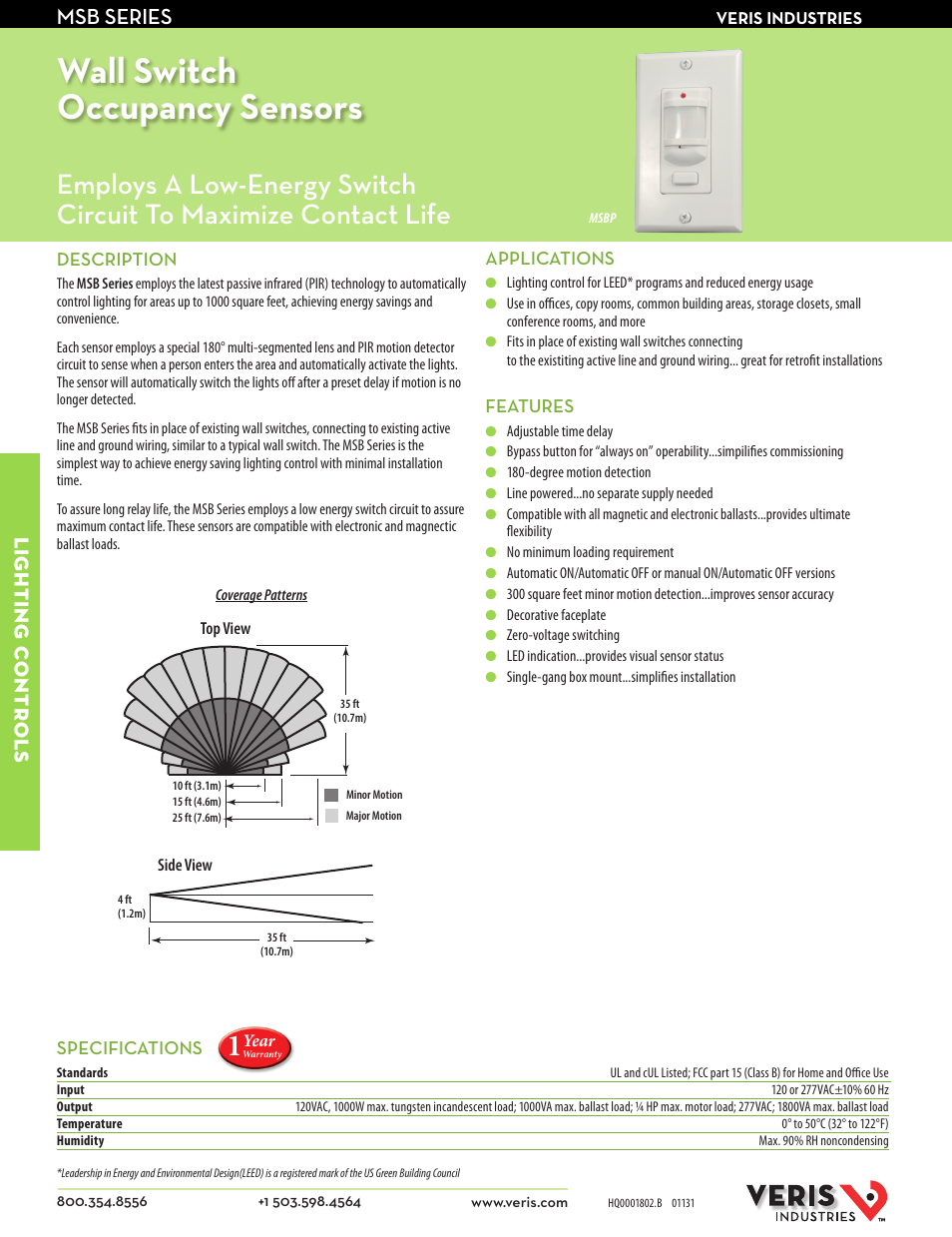 Veris Industries MSB SERIES Datasheet User Manual | 2 pages