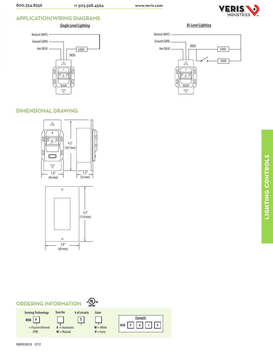 Lighting c ontr ols, Dimensional drawing application/wiring diagrams, Ordering information | Veris Industries MSB SERIES Datasheet User Manual | Page 2 / 2