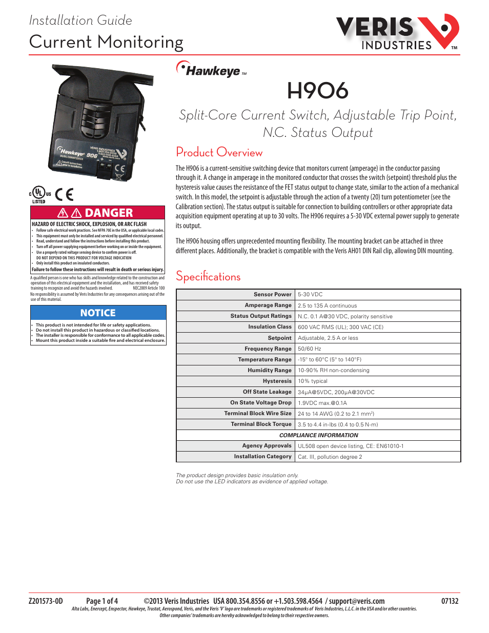 Veris Industries H906 Install User Manual | 4 pages