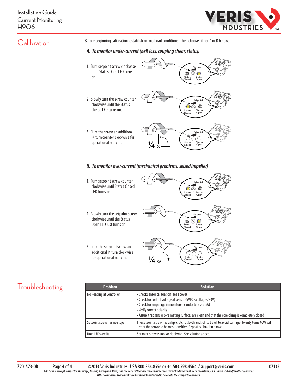 Calibration troubleshooting, Installation guide current monitoring h906 | Veris Industries H906 Install User Manual | Page 4 / 4