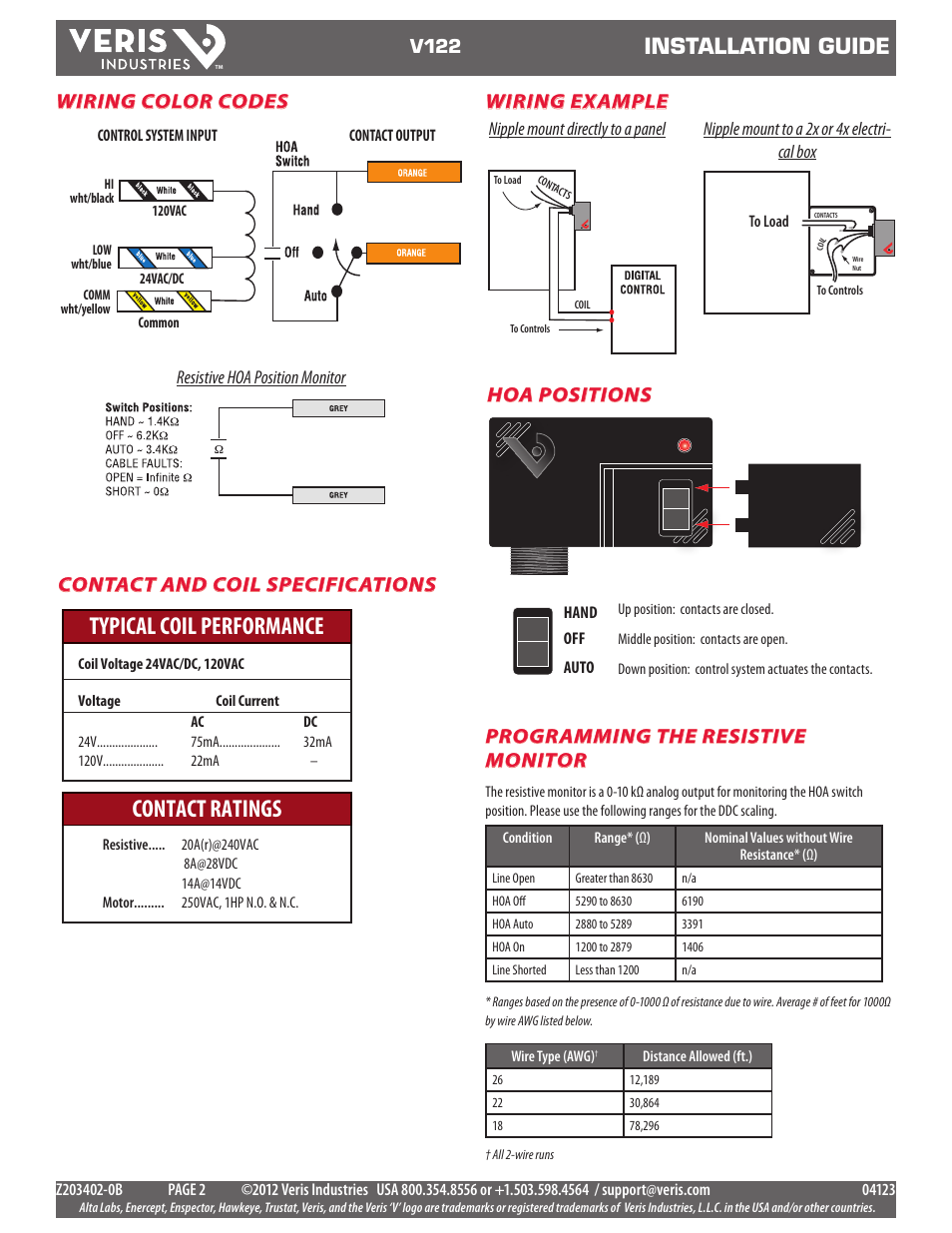 Typical coil performance contact ratings, Installation guide, Wiring color codes contact and coil specifications | Hoa positions wiring example, Programming the resistive monitor | Veris Industries V122 Install User Manual | Page 2 / 2