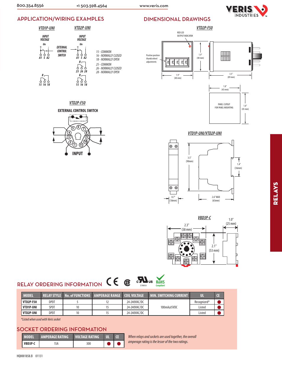 Rel ay s, Dimensional drawings, Application/wiring examples | Input, Rohs | Veris Industries VTD SERIES Datasheet User Manual | Page 2 / 2