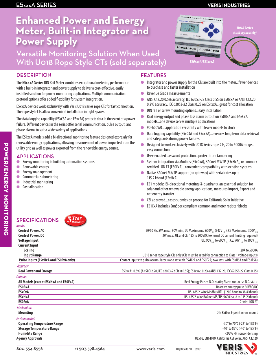 Veris Industries E5xxxA SERIES Datasheet User Manual | 2 pages