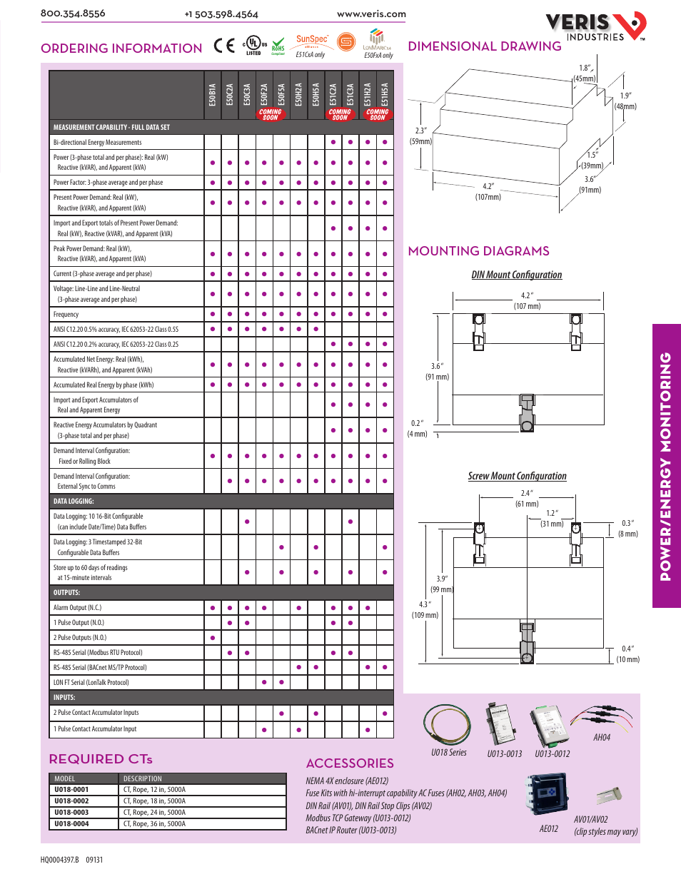 Po wer/ener g y monit oring, Dimensional drawing ordering information, Mounting diagrams | Accessories, Required cts, Din mount configuration screw mount configuration, U018 series | Veris Industries E5xxxA SERIES Datasheet User Manual | Page 2 / 2