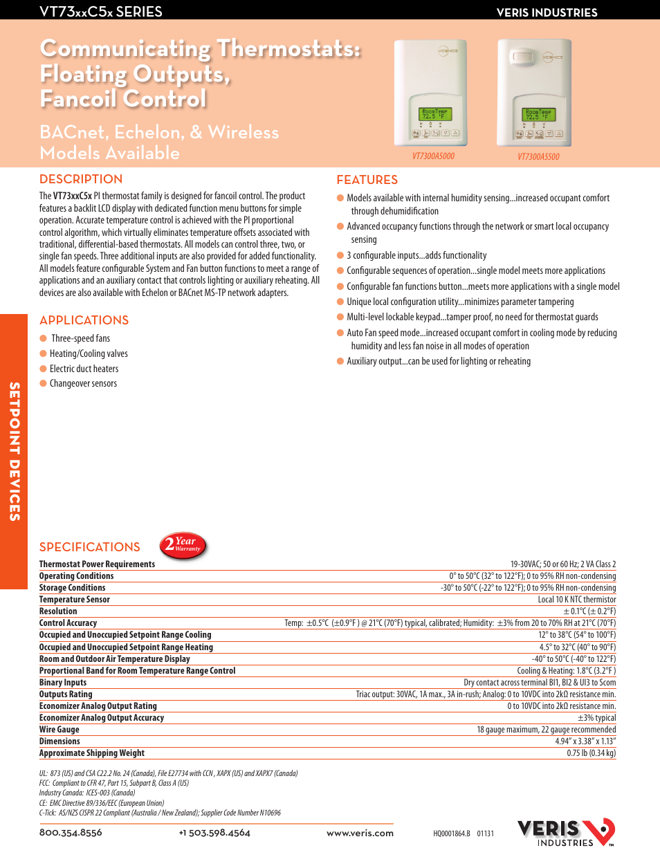 Veris Industries VT73xxA5x SERIES Datasheet User Manual | 2 pages