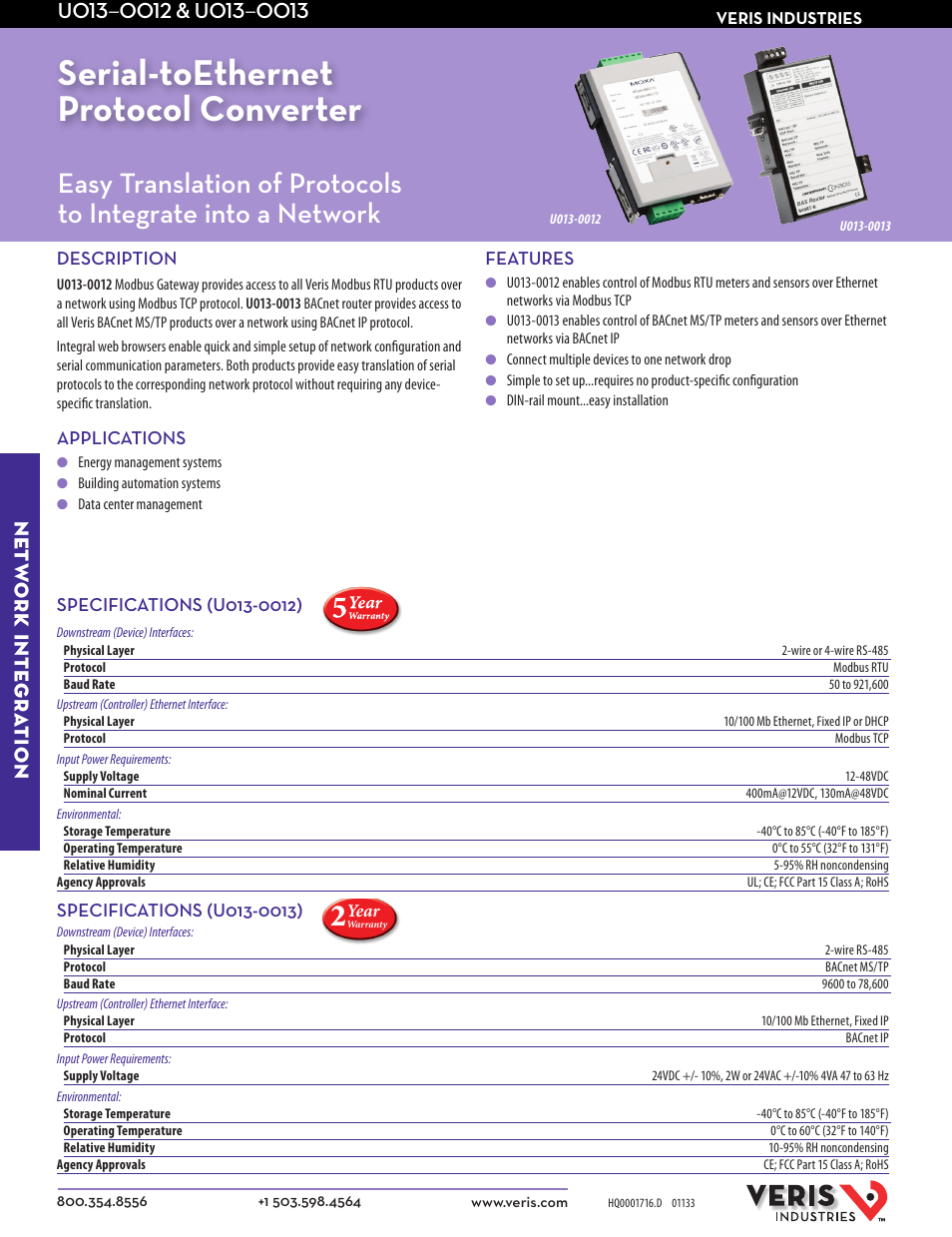 Veris Industries U013–0013 Datasheet User Manual | 2 pages