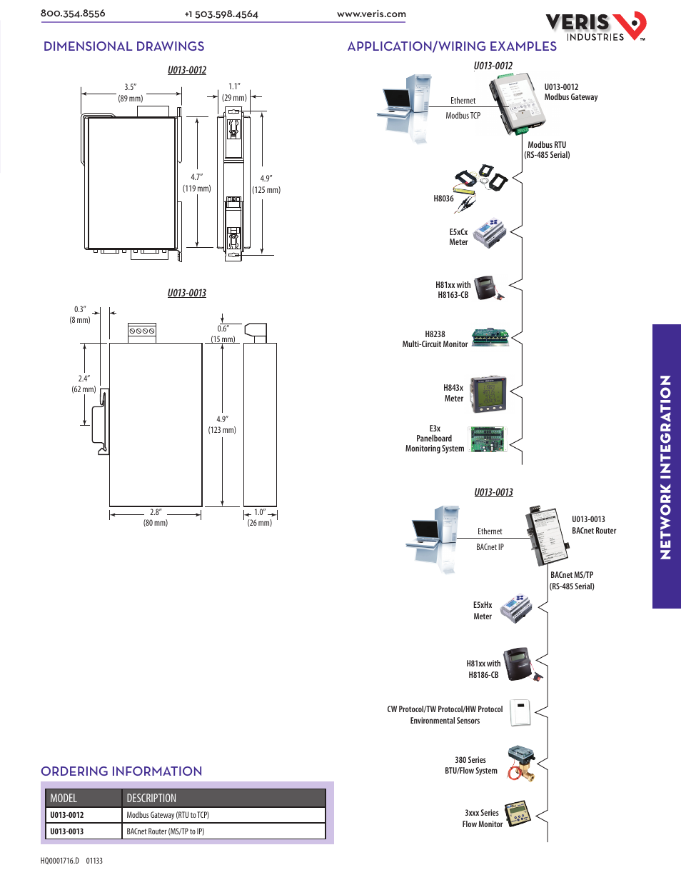 Net w ork inte gra tion, Dimensional drawings ordering information, Application/wiring examples | Veris Industries U013–0013 Datasheet User Manual | Page 2 / 2