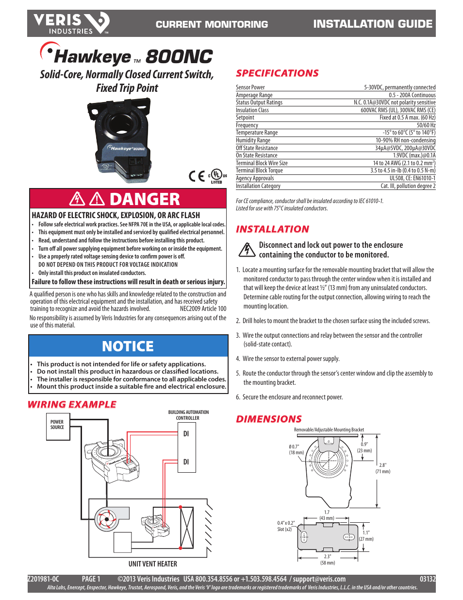 Veris Industries H800NC Install User Manual | 2 pages