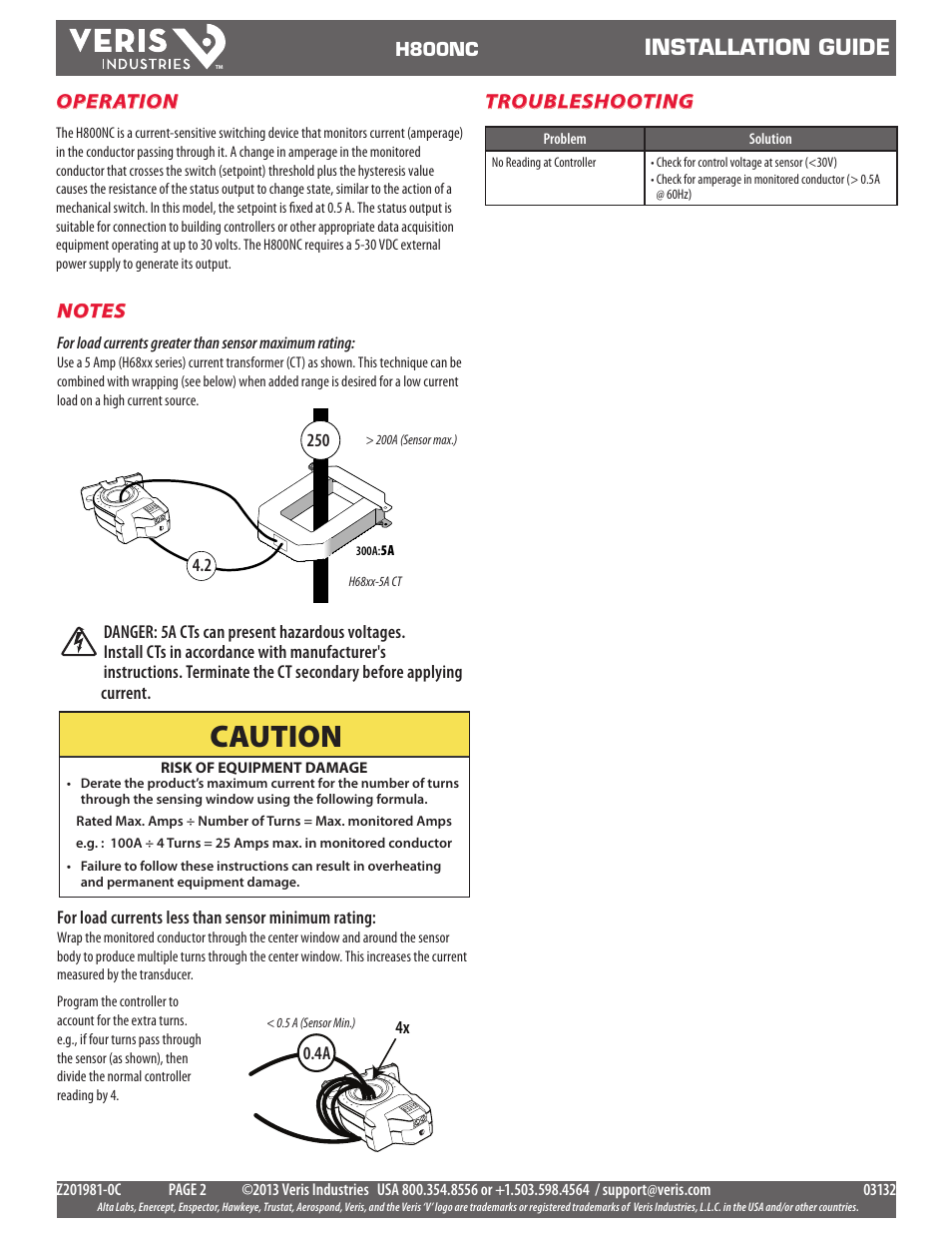 Caution, Installation guide, Operation | Troubleshooting | Veris Industries H800NC Install User Manual | Page 2 / 2