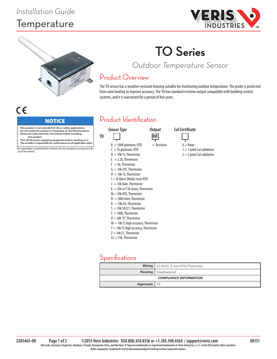 Veris Industries TO SERIES Install User Manual | 2 pages