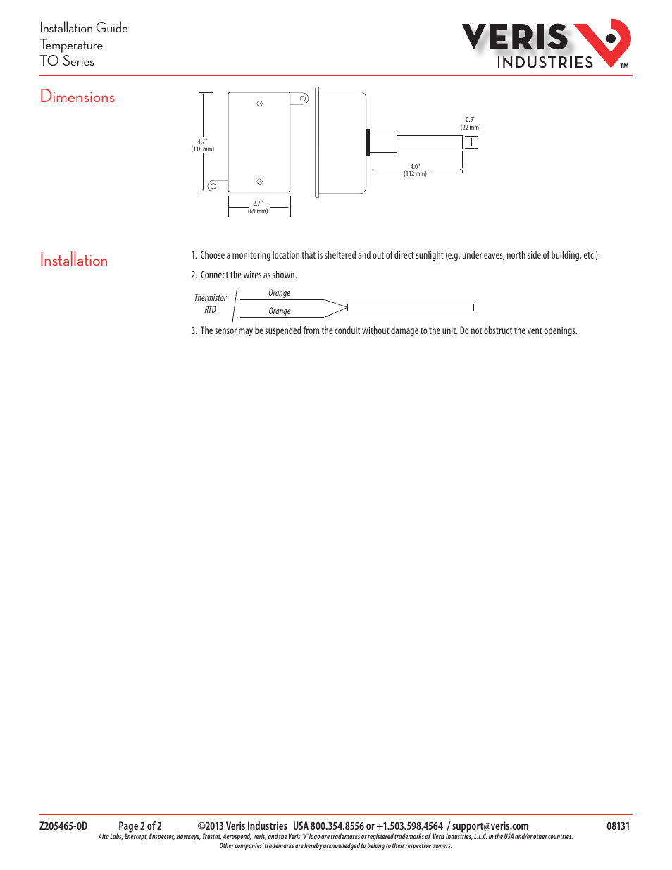 Dimensions, Installation, Installation guide temperature to series | Veris Industries TO SERIES Install User Manual | Page 2 / 2