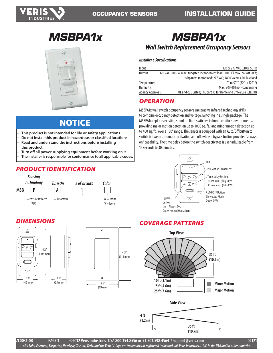 Veris Industries MSBPA1x Install User Manual | 2 pages