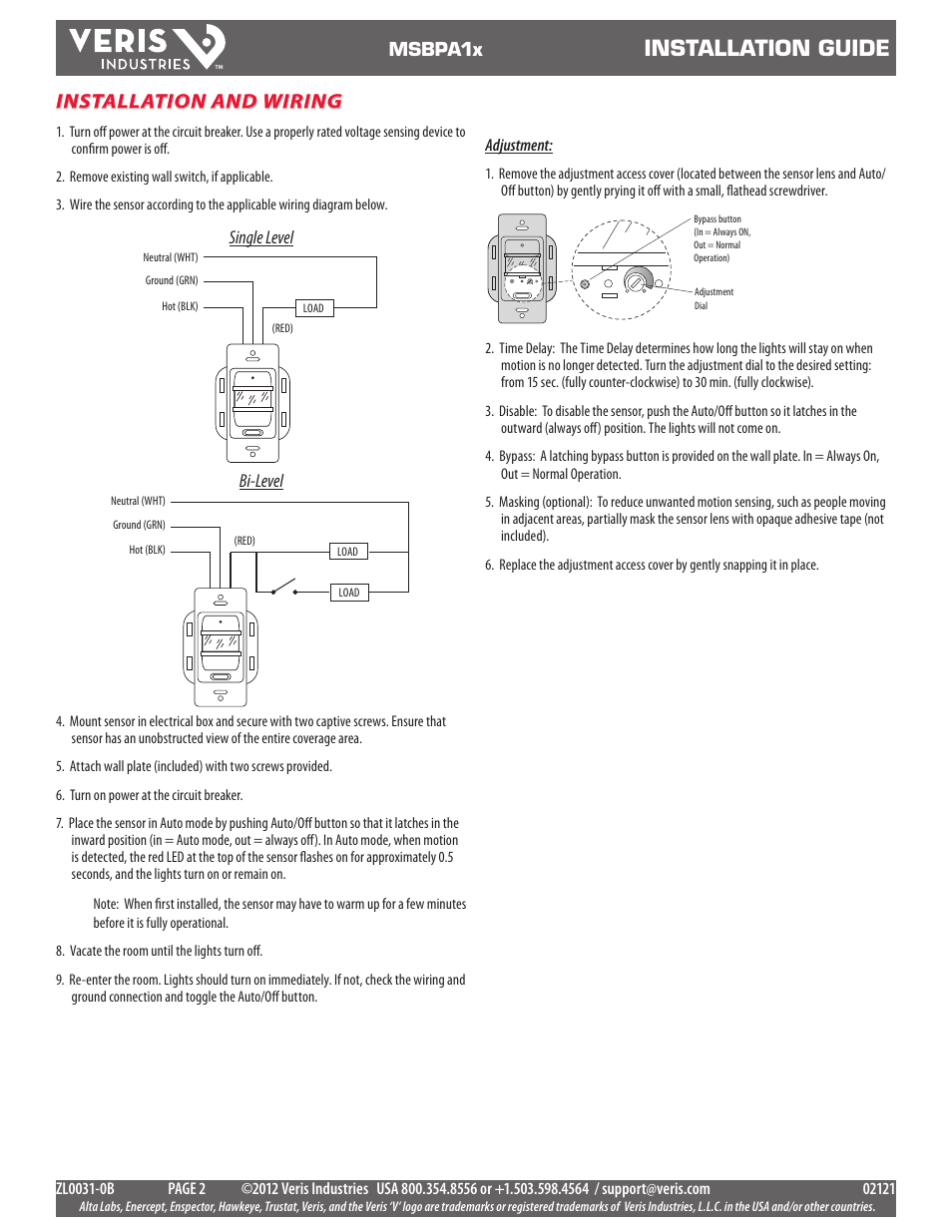 Installation guide, Installation and wiring | Veris Industries MSBPA1x Install User Manual | Page 2 / 2