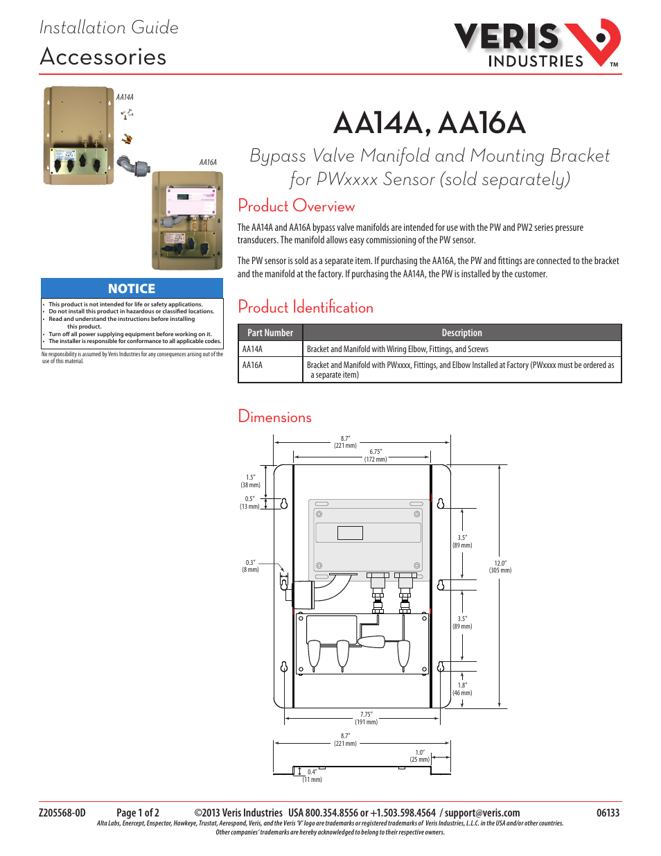 Veris Industries AA16A Install User Manual | 2 pages