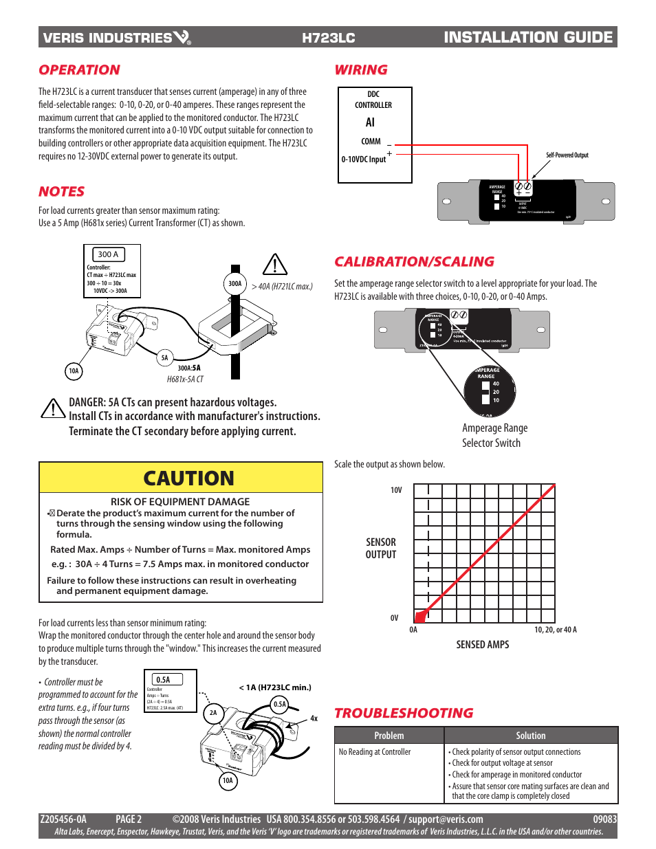 Caution, Installation guide, Operation | Troubleshooting, Calibration/scaling, Wiring, H723lc, Amperage range selector switch | Veris Industries H723LC Install User Manual | Page 2 / 2