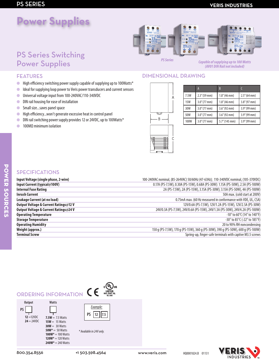 Veris Industries PS SERIES Datasheet User Manual | 1 page