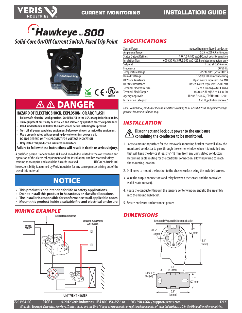 Veris Industries H800 Install User Manual | 2 pages