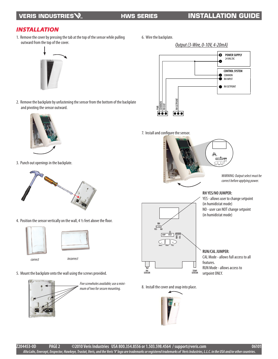 Installation guide, Installation, Veris industries | Hws series, Correct incorrect | Veris Industries HWS SERIES Install User Manual | Page 2 / 3