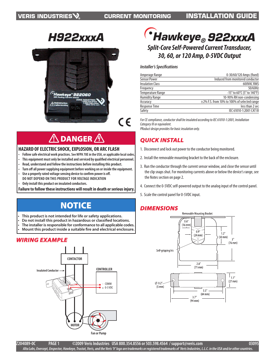 Veris Industries H922030A Install User Manual | 2 pages