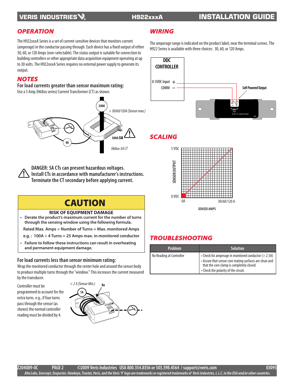 Caution, Installation guide, Operation | Troubleshooting, Scaling, Wiring | Veris Industries H922030A Install User Manual | Page 2 / 2