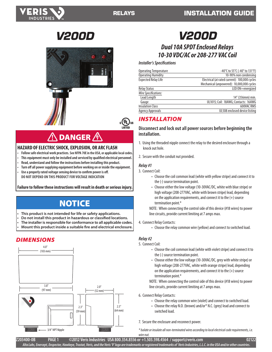 Veris Industries V200D Install User Manual | 2 pages