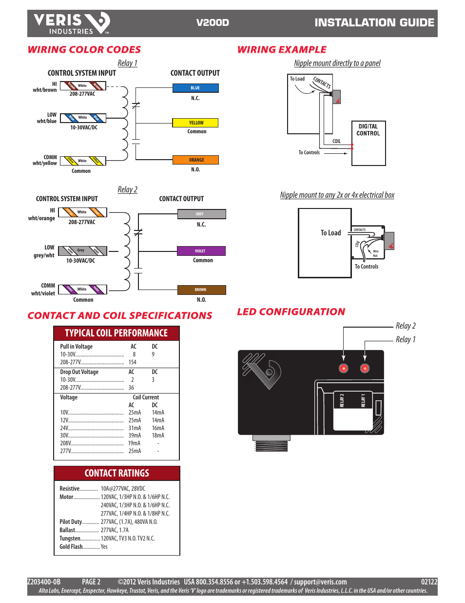 Installation guide, Typical coil performance contact ratings, Wiring example | Wiring color codes contact and coil specifications, Led configuration, V200d, Relay 1 relay 2, Relay 2 relay 1, Contact output control system input | Veris Industries V200D Install User Manual | Page 2 / 2