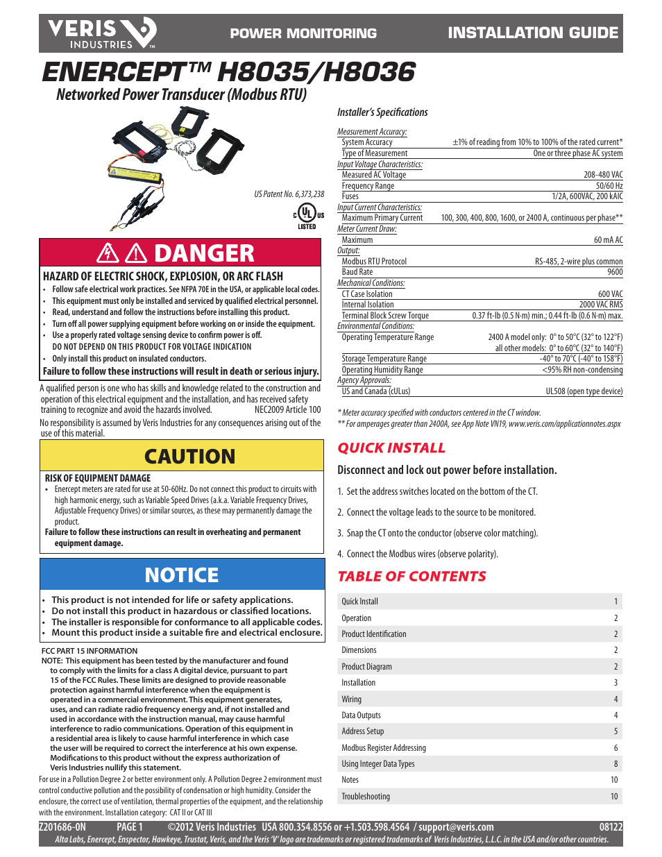 Veris Industries H8036 SERIES Install User Manual | 10 pages