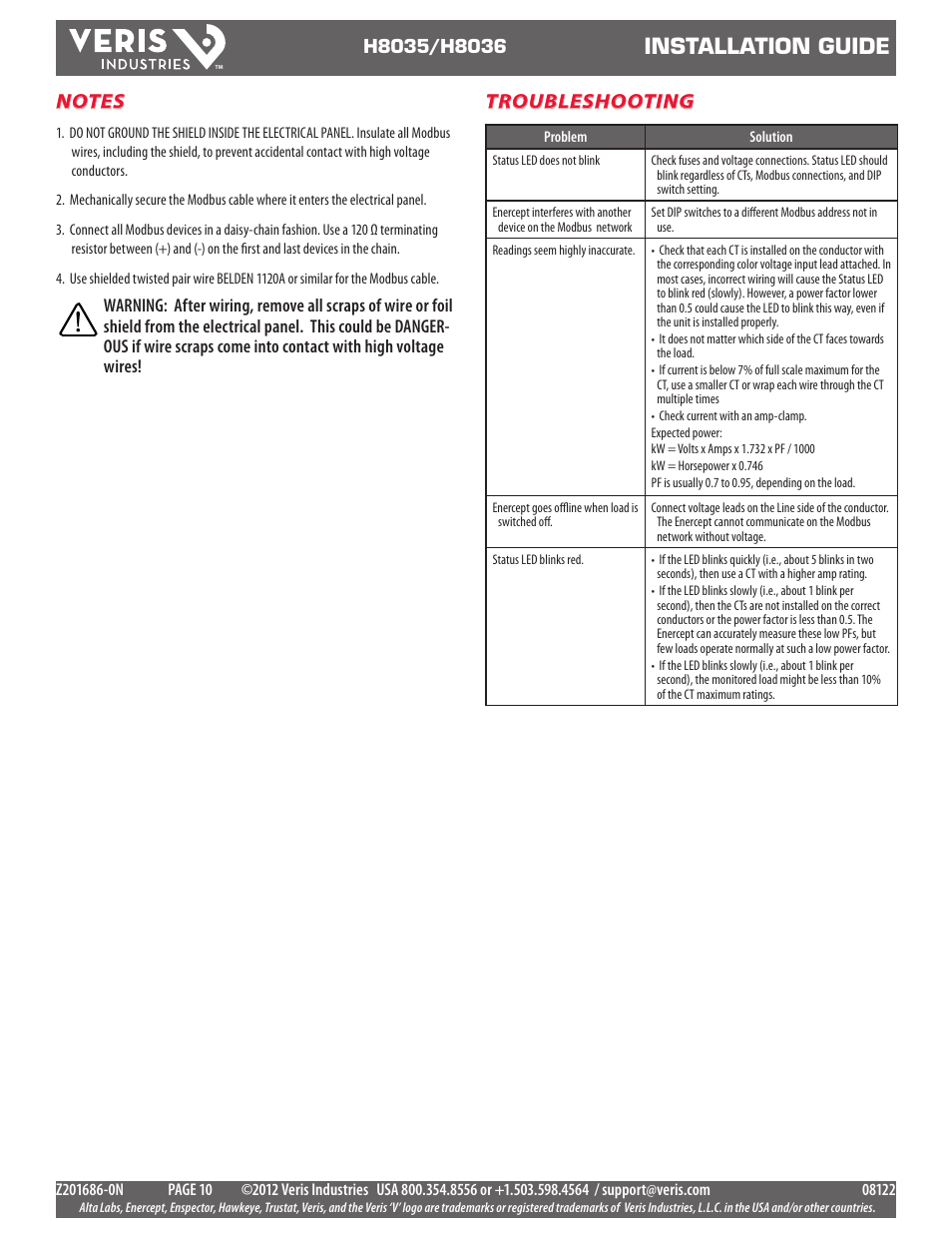 Installation guide, Troubleshooting | Veris Industries H8036 SERIES Install User Manual | Page 10 / 10