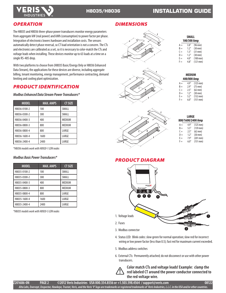 Installation guide, Dimensions, Operation | Product identification, Product diagram, Modbus enhanced data stream power transducers, Modbus basic power transducers | Veris Industries H8036 SERIES Install User Manual | Page 2 / 10