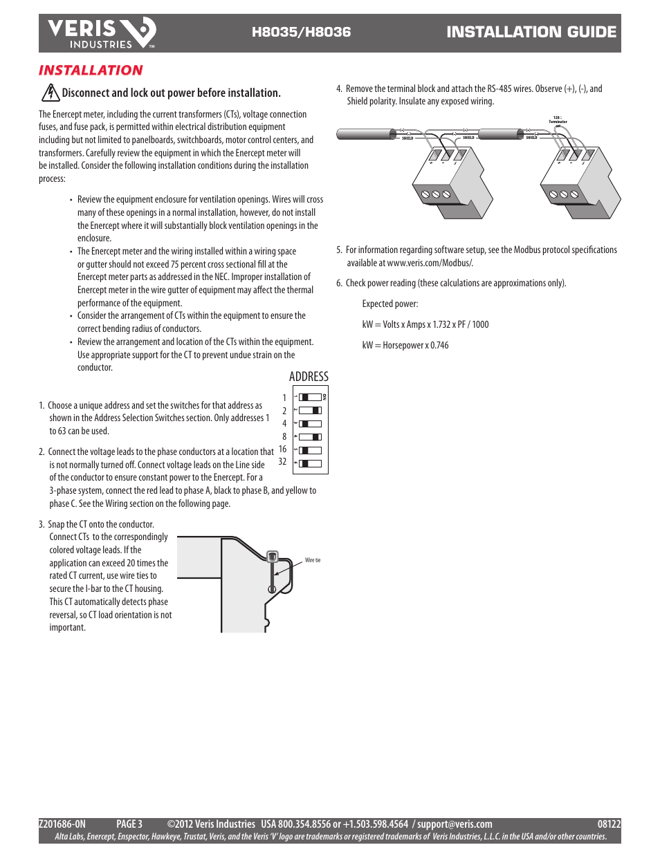 Installation guide, Installation, Rs-485 connection status | Address, Disconnect and lock out power before installation | Veris Industries H8036 SERIES Install User Manual | Page 3 / 10