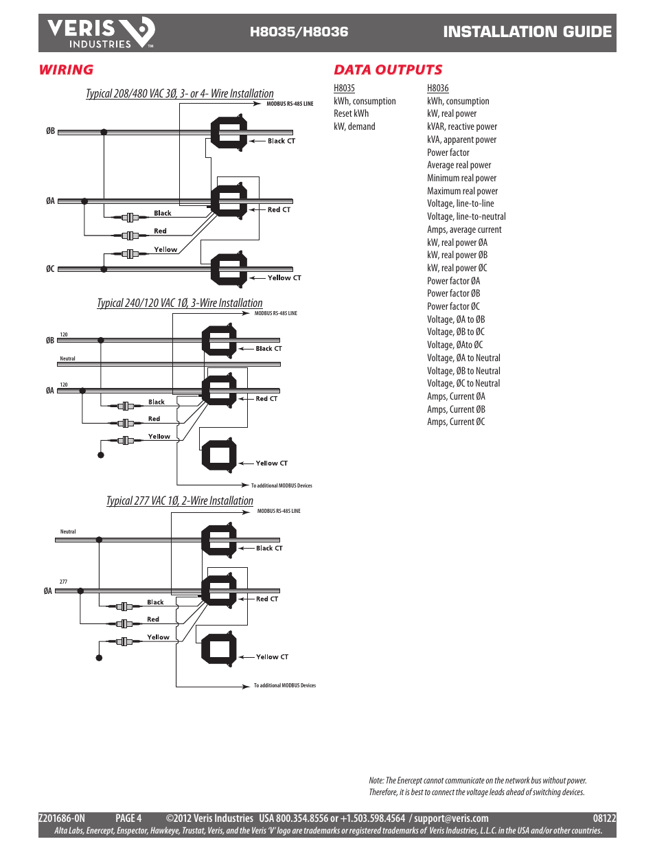 Installation guide, Wiring, Data outputs | Veris Industries H8036 SERIES Install User Manual | Page 4 / 10