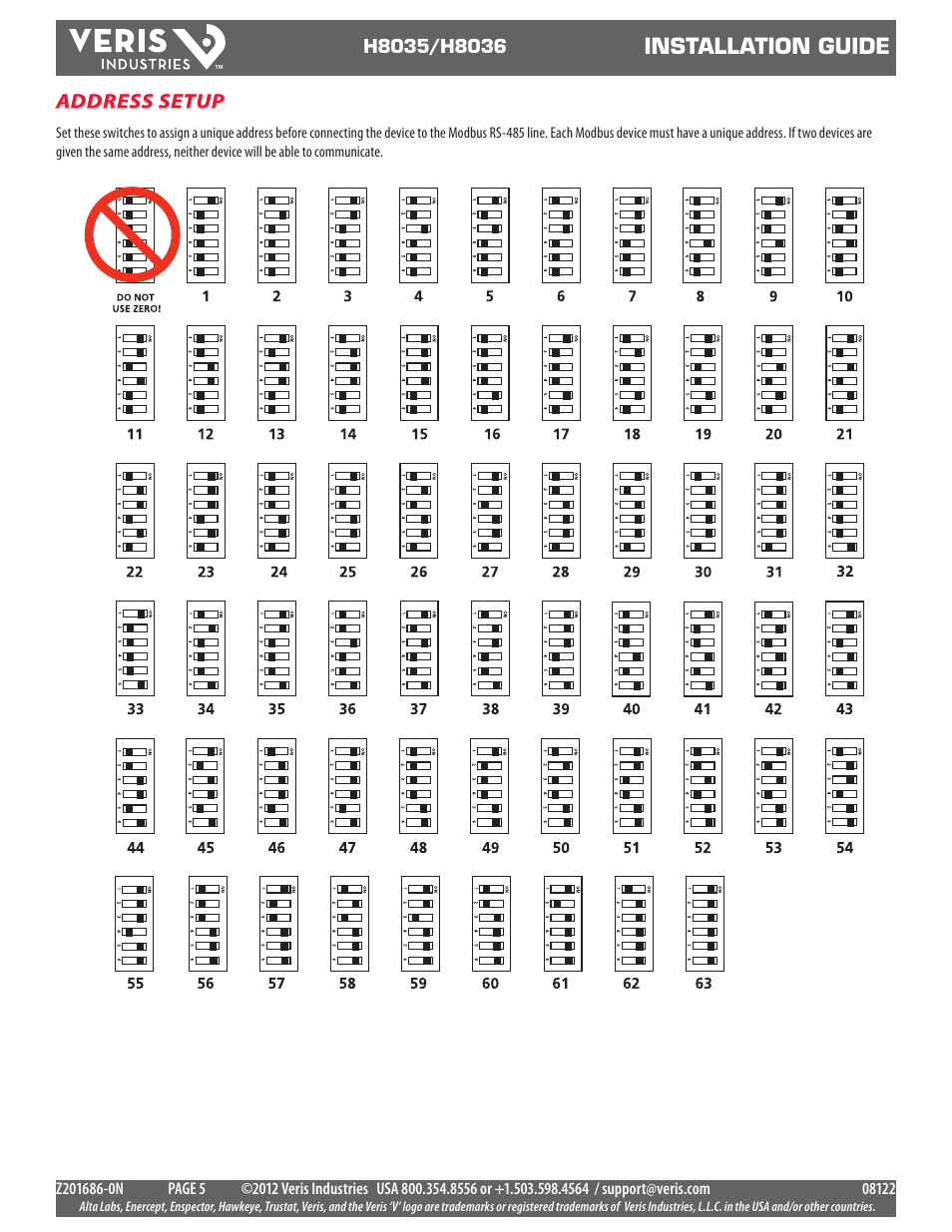 Installation guide, Address setup | Veris Industries H8036 SERIES Install User Manual | Page 5 / 10