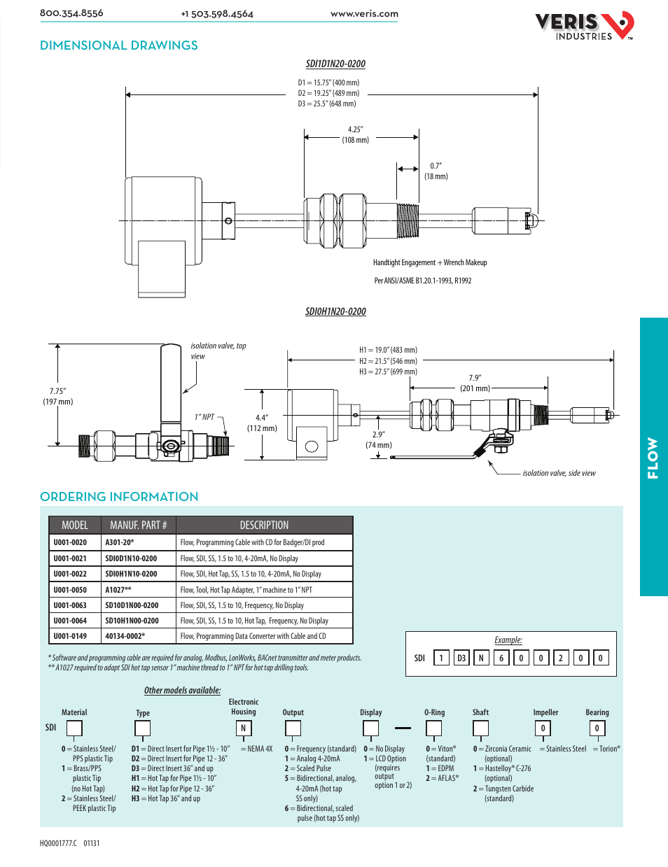 Fl ow, Dimensional drawings, Ordering information | Model manuf. part # description | Veris Industries SDI SERIES Datasheet User Manual | Page 2 / 2