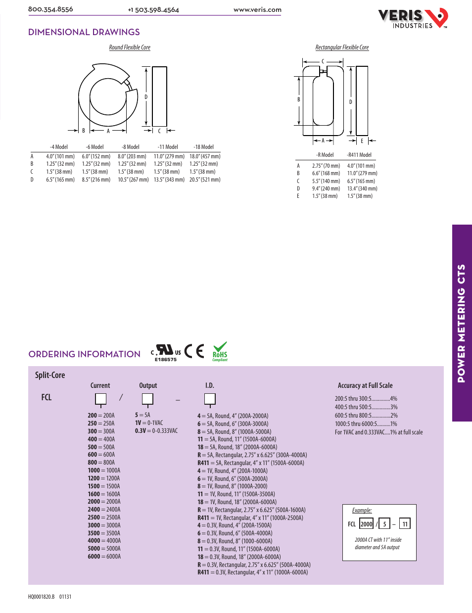 Po wer metering ct s, Dimensional drawings ordering information, Split-core | Veris Industries FCL SERIES Datasheet User Manual | Page 2 / 2
