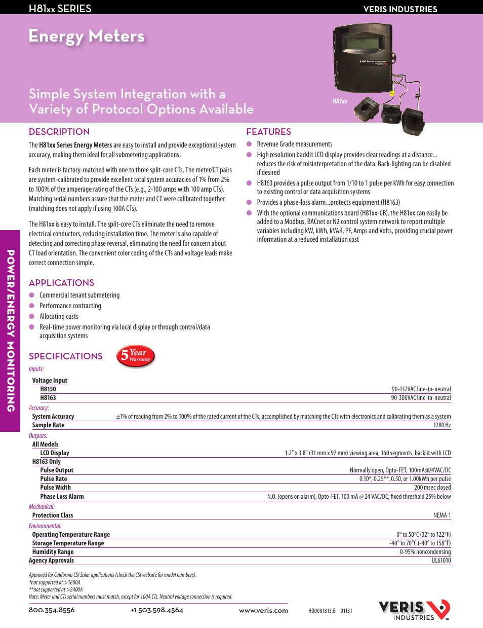 Veris Industries H81xx SERIES Datasheet User Manual | 3 pages