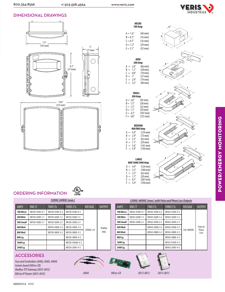 Po wer/ener g y monit oring, Accessories, Dimensional drawings | Ordering information | Veris Industries H81xx SERIES Datasheet User Manual | Page 2 / 3