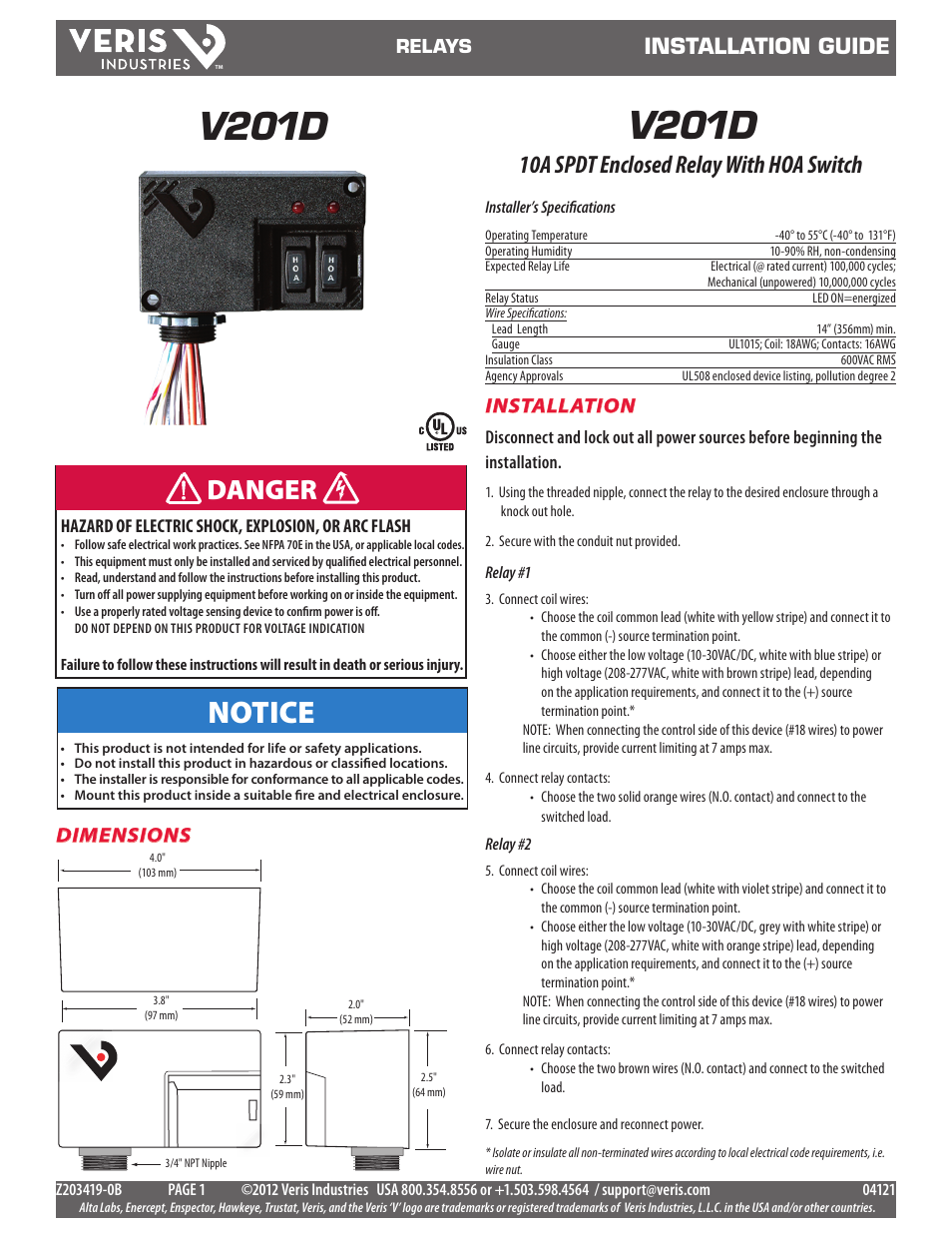 Veris Industries V201D Install User Manual | 2 pages