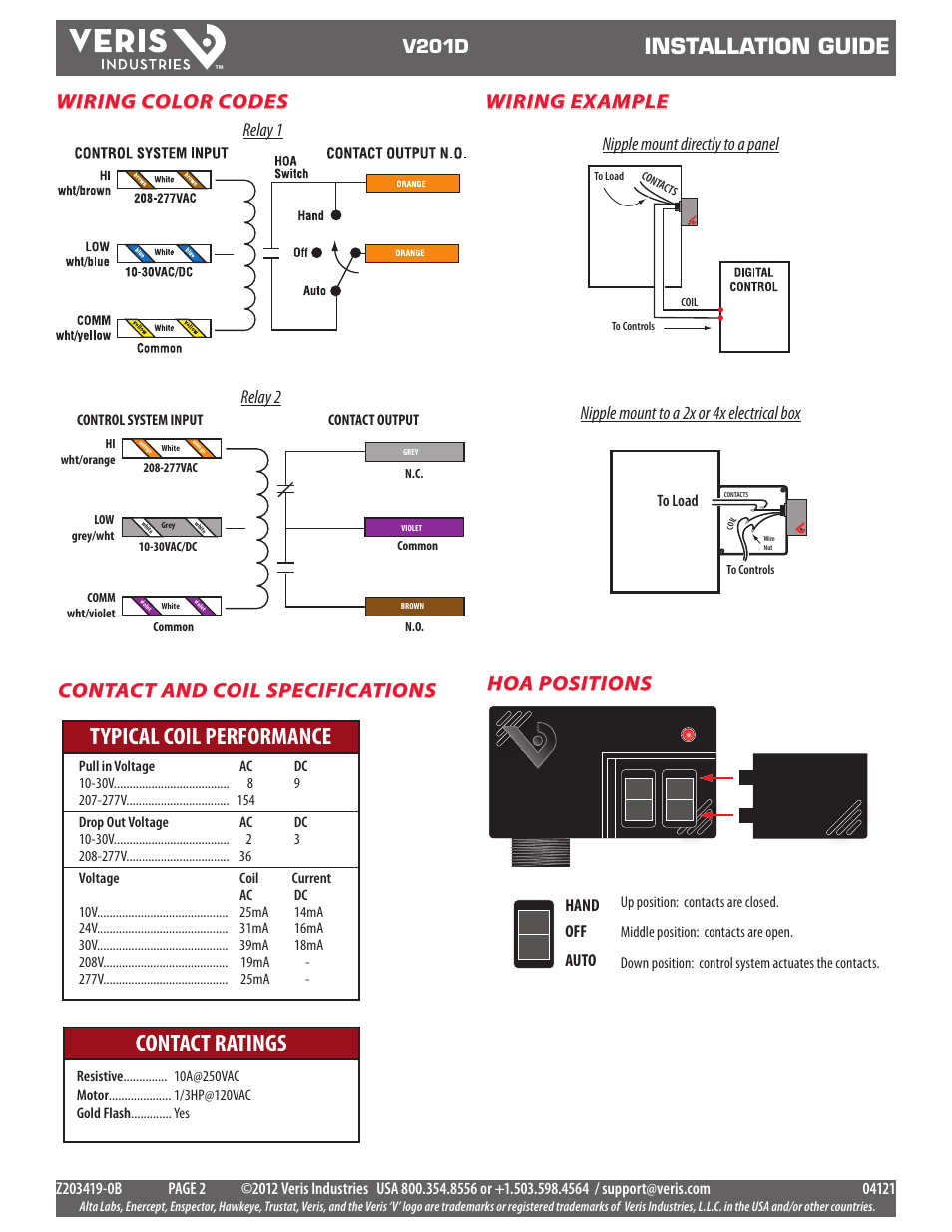 Typical coil performance contact ratings, Installation guide, Hoa positions wiring example | Wiring color codes contact and coil specifications, V201d, Relay 1 relay 2, Hand off auto | Veris Industries V201D Install User Manual | Page 2 / 2