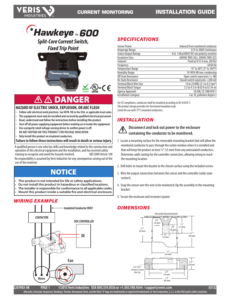 Veris Industries H600 Install User Manual | 2 pages